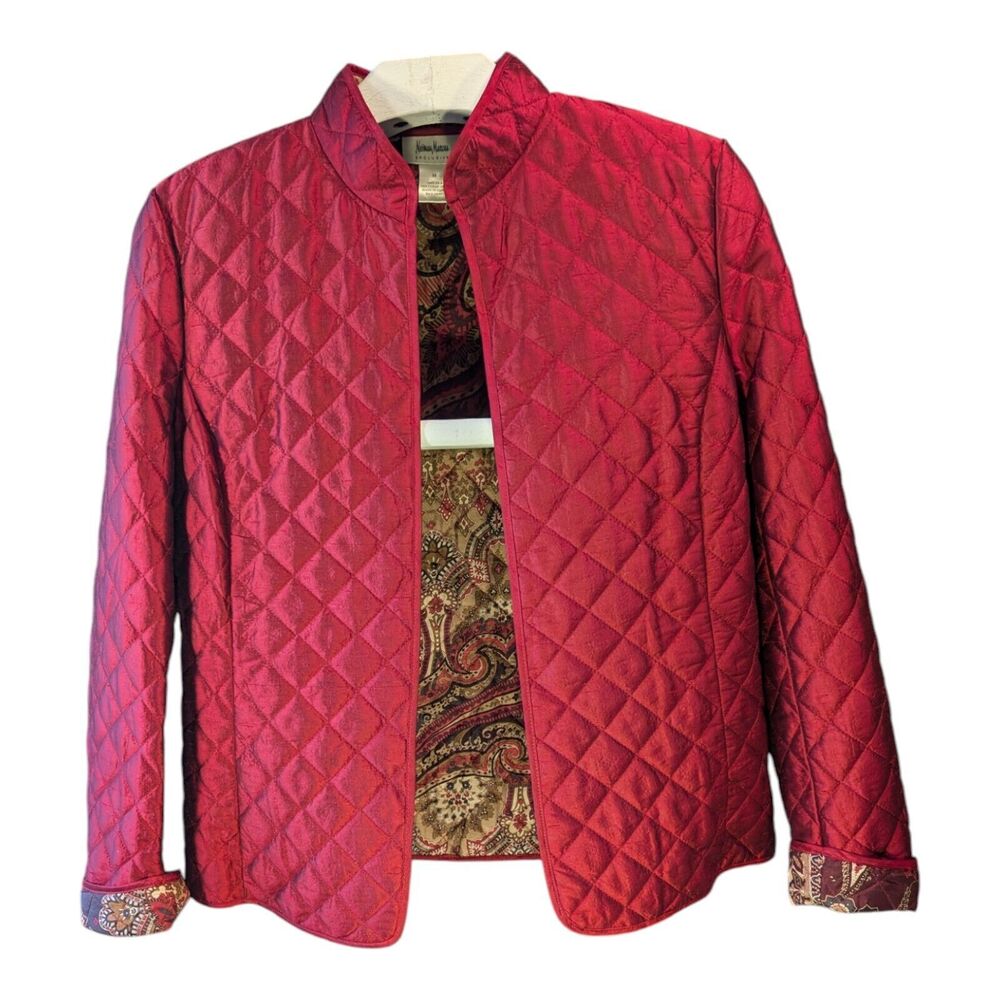 Neiman Marcus 100% Silk Quilted Red Vintage Open Front Jacket M Paisley Lined